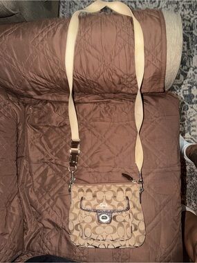 Coach Khaki Signature Canvas Crossbody with Cream Strap